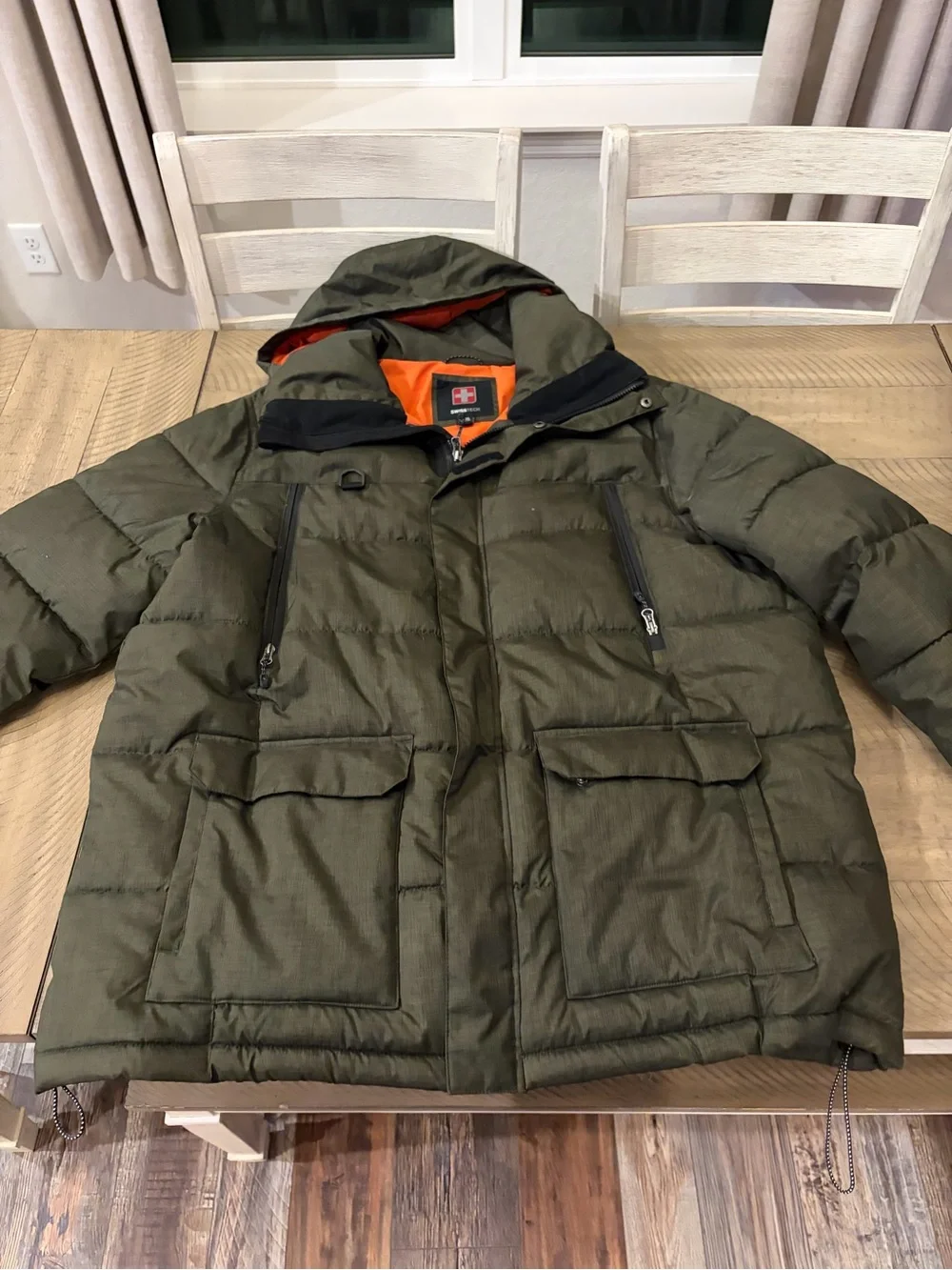 Swiss Tech Olive Green Puffer Jacket with Orange Lining